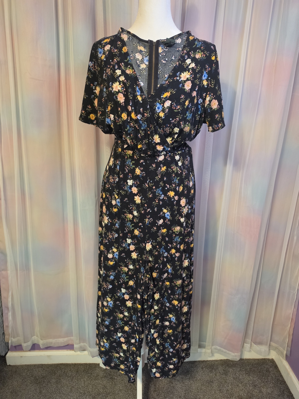 Wild Fable Black Blue Yellow Floral Wide Leg Faux Wrap Jumpsuit Size Medium
